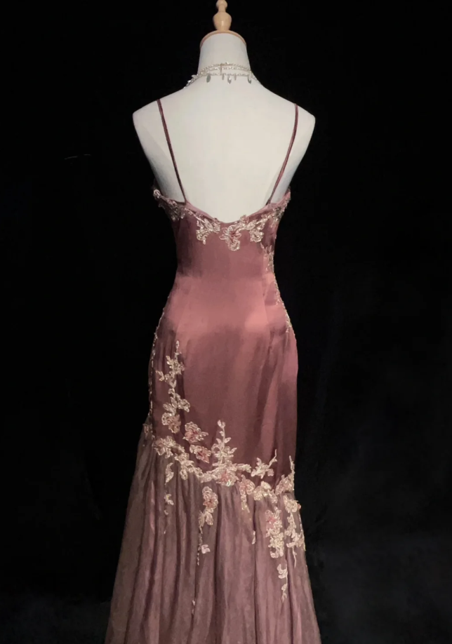 Glam Reddish-brown Mermaid Long Prom Dresses Satin Beaded Sleeveless Party Dresses Spaghetti Straps Evening Dresses DP04639