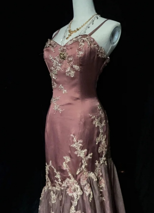 Glam Reddish-brown Mermaid Long Prom Dresses Satin Beaded Sleeveless Party Dresses Spaghetti Straps Evening Dresses DP04639