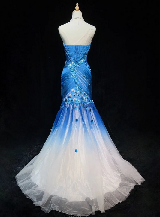 Glam Blue Mermaid Long Prom Dresses Tulle Beaded Sleeveless Party Dresses One-shoulder Evening Dresses DP04640