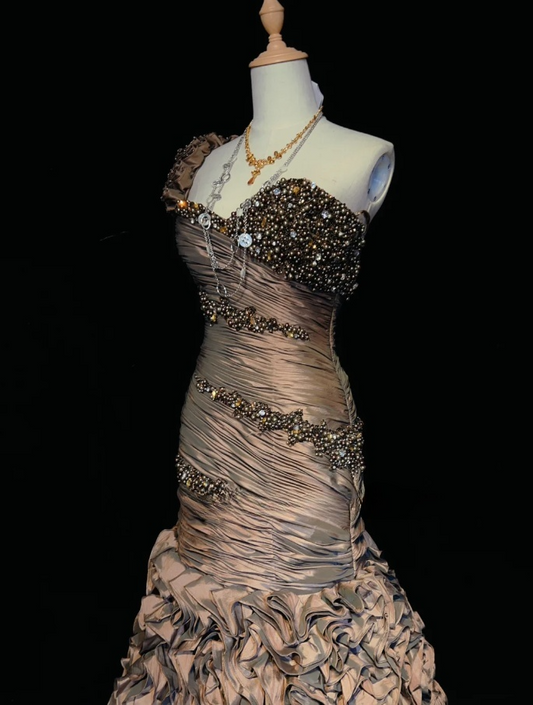 Glam Sheath Long Prom Dresses Satin Beaded Sleeveless Party Dresses One-shoulder Evening Dresses DP04641