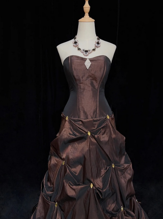 Glam Chocolate A-Line Long Prom Dresses Satin Sleeveless Party Dresses Strapless Evening Dresses DP04642