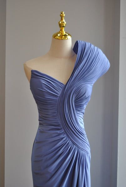Gorgeous Blue Sheath Long Prom Dresses Satin Sleeveless Birthday Dresses One-shoulder Evening Dresses DP04649