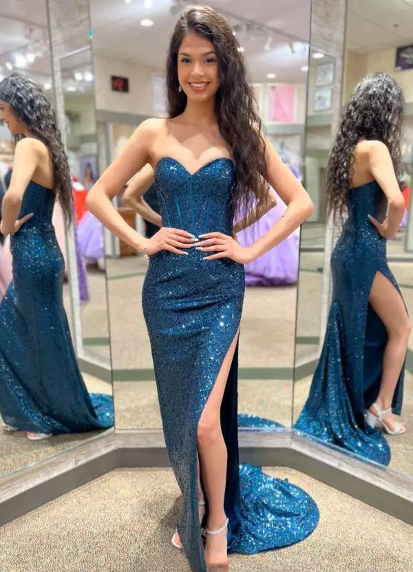 Elegant Teal Sheath Long Prom Dresses Sequins Sweeteheart Birthday Dresses Sleeveless Evening Dresses with Slit DP04660