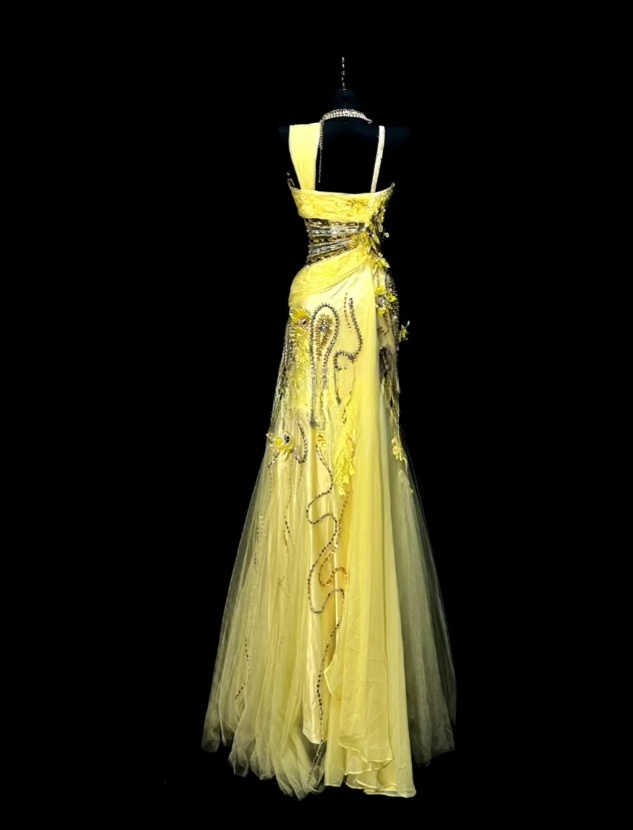 Chic Sheath Long Prom Dresses Beaded Tulle Straps Birthday Dresses Yellow Evening Dresses DP04664