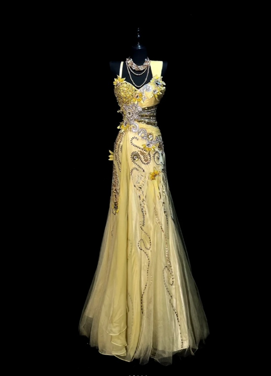 Chic Sheath Long Prom Dresses Beaded Tulle Straps Birthday Dresses Yellow Evening Dresses DP04664