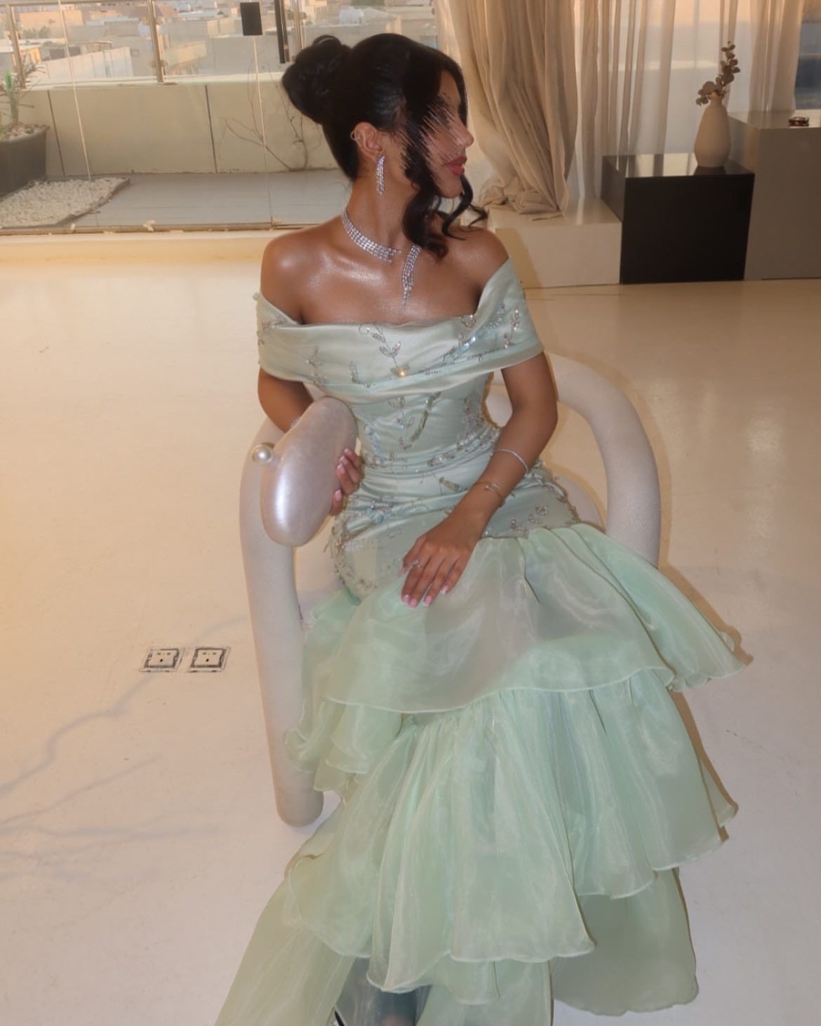 Chic Mermaid Long Prom Dresses Beaded Satin Off-shoulder Birthday Dresses Light Green Evening Dresses DP04666