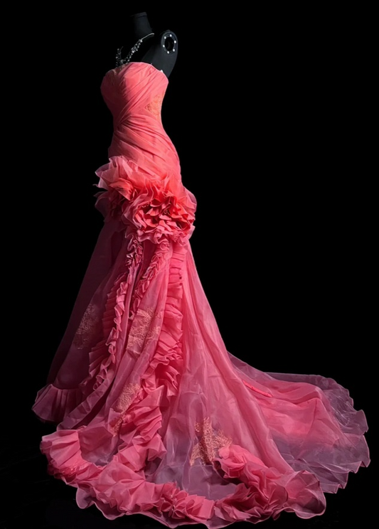 Gorgeous Sheath Long Prom Dresses Tulle Watermelon Quinceanera Dresses Strapless Birthday Dresses DP04672