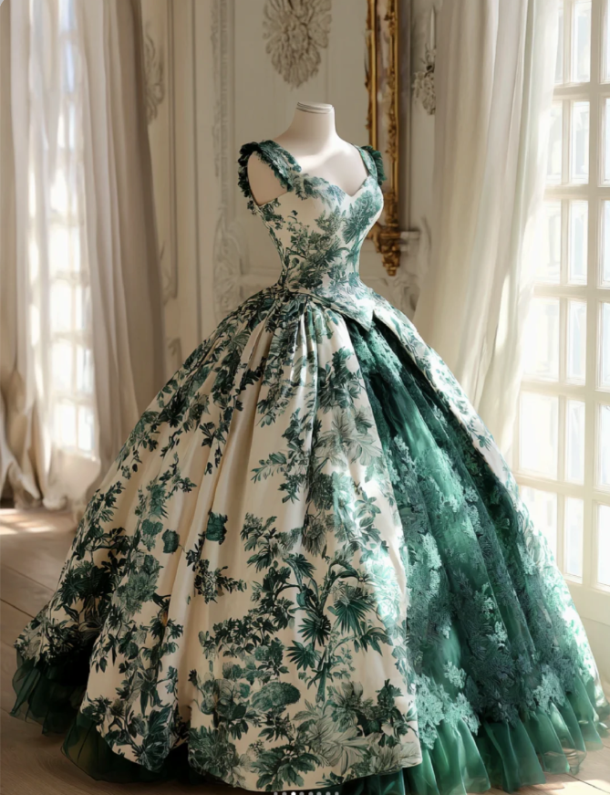 Gorgeous A-Line Long Prom Dresses Tulle Floral Green Evening Dresses Straps Birthday Dresses DP04676