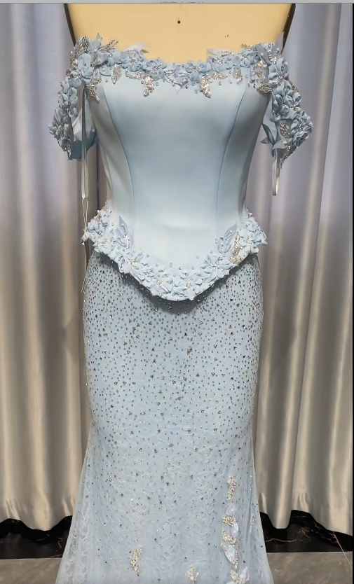Gorgeous Mermaid Long Prom Dresses Tulle Applique Blue Evening Dresses Off-shoulder Birthday Dresses DP04678
