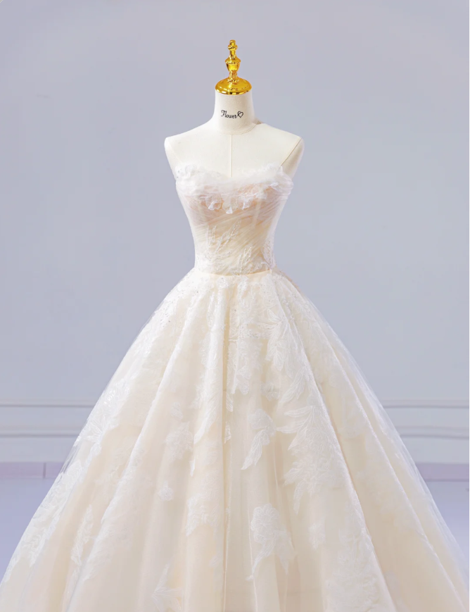 Chic A-line Long Wedding Dresses Lace Applique White Bridal Dresses Sleeveless Strapless Bridal Gowns DP04680