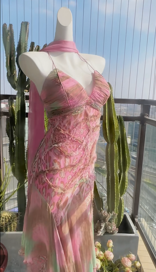 Elegant Sheath Long Prom Dresses Chiffon Spaghetti Straps Pink Evening Dresses DP04685