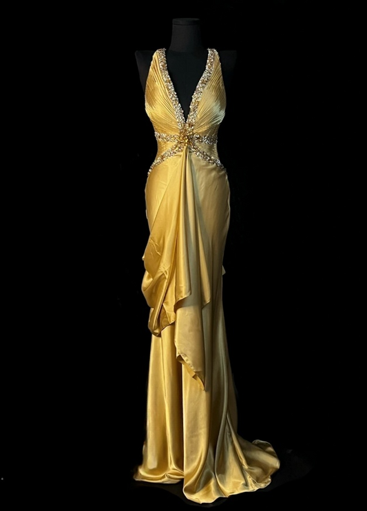 Elegant Sheath Long Prom Dresses Satin V-neck Yellow Evening Dresses with Open Back DP04687