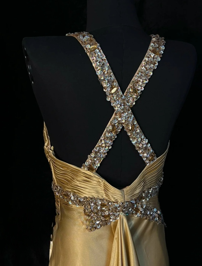 Elegant Sheath Long Prom Dresses Satin V-neck Yellow Evening Dresses with Open Back DP04687