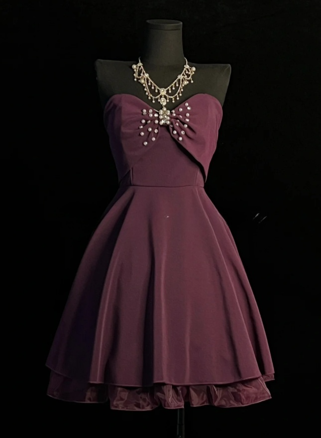 Elegant A-Line Short Prom Dresses Chiffon Strapless Party Dresses Sleeveless Puprle Birthday Dresses DP04688