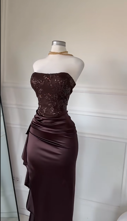 Elegant Sheath Long Prom Dresses Satin Strapless Evening Dresses Sleeveless Brown Birthday Dresses DP04692