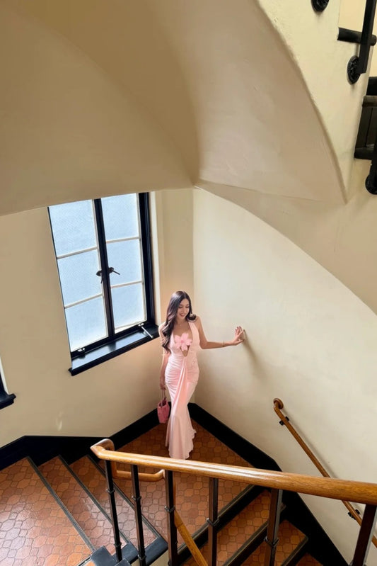 Sexy Mermaid Long Prom Dresses Satin Halter Evening Dresses Sleeveless Pink Party Dresses DP04699