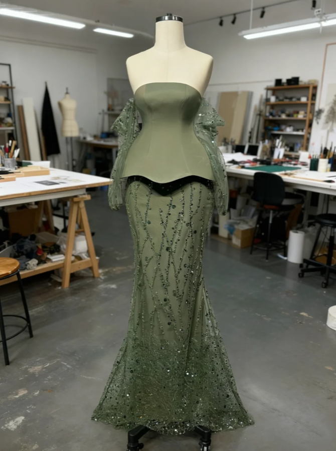 Sexy Dark Green Long Prom Dresses Beaded Tulle Off-shoulder Mermaid Evening Dresses DP04713