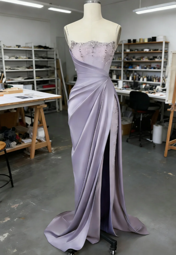 Sexy Lilac Long Prom Dresses Strapless Sheath Evening Dresses Satin Sleeveless Formal Dresses DP04715