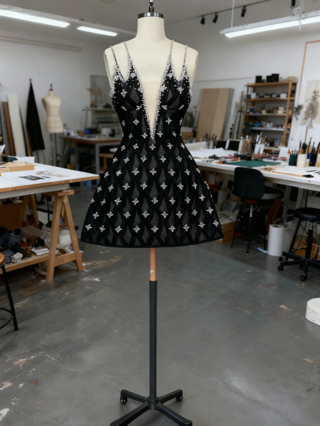 Sexy Black Short Prom Dresses Straps A-Line Evening Dresses Rhinstones Tulle Sleeveless Birthday Dresses DP04718