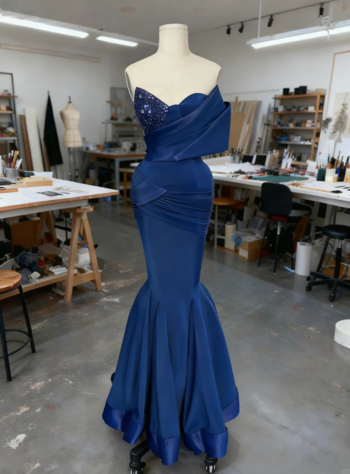 Elegant Blue Long Prom Dresses Sweetheart Mermaid Evening Dresses Satin Sleeveless Birthday Dresses DP04721