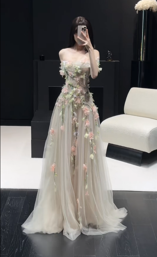 Elegant Champagne Long Prom Dresses Off-shoulder A-Line Evening Dresses Tulle Applique Birthday Dresses DP04722