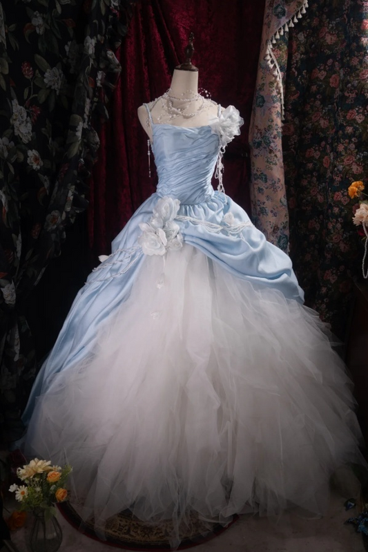 Elegant A-Line Long Prom Dresses Strapless Blue Quinceanera Dresses Tulle Sleeveless Sweet 16 Dress DP04728