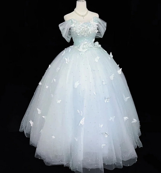 Cute A-Line Long Prom Dresses Off-shoulder Light Blue Quinceanera Dresses Tulle Sleeveless Sweet 16 Dress DP04729