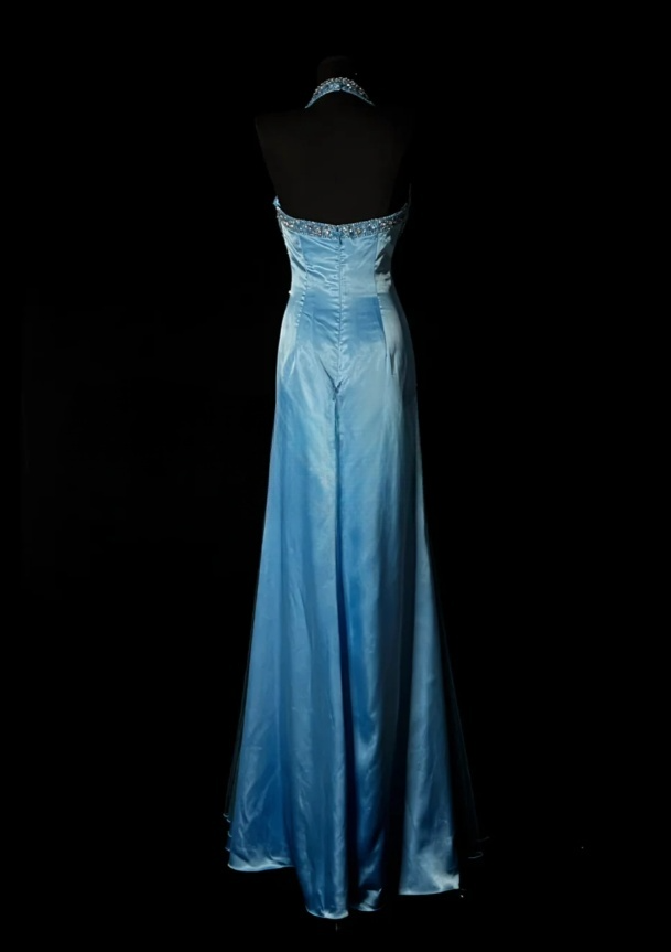 Elegant Blue Long Prom Dresses Halter Sheath Evening Dresses Satin Beaded Sleeveless Birthday Dress DP04731