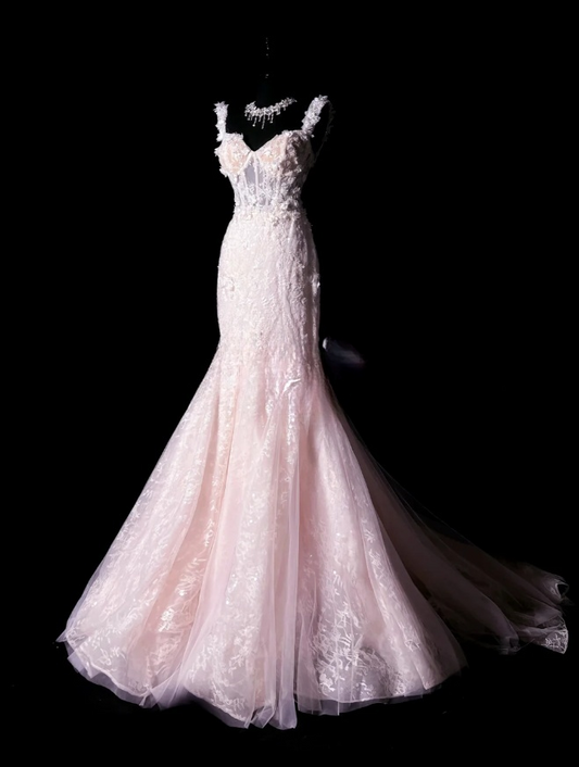 Gorgeous Pink Long Prom Dresses Straps Mermaid Birthday Dresses Appliques Tulle Sleeveless Evening Gowns DP04737