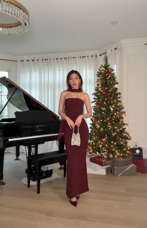 Gorgeous Dark Red Long Prom Dresses Strapless Sheath Birthday Dresses Chiffon Sleeveless Evening Gowns DP04742