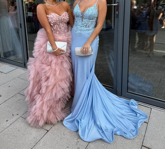 Gorgeous Blue Long Prom Dresses Spaghetti Straps Sheath Birthday Dresses Satin Sleeveless Evening Gowns DP04745