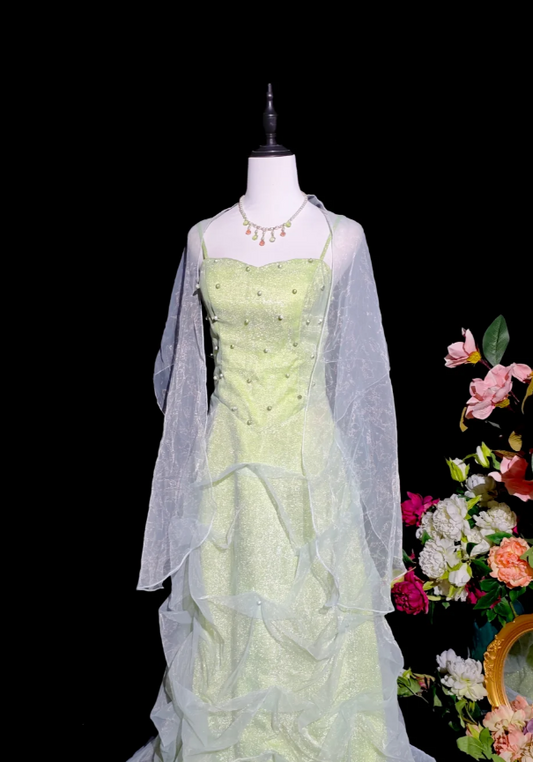 Gorgeous Green Long Prom Dresses Spaghetti Straps Sheath Birthday Dresses Tulle Sleeveless Evening Gowns DP04748