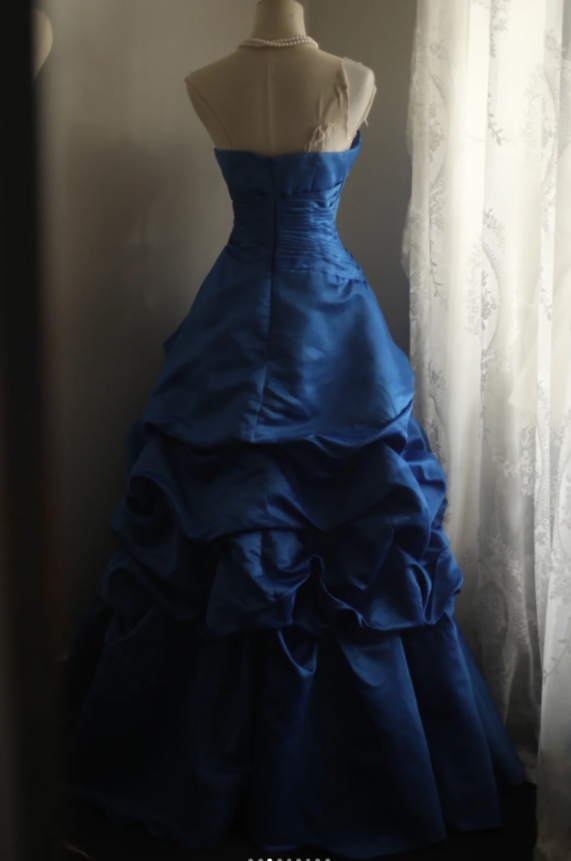 Glam Blue Long Prom Dresses Strapless A-Line Birthday Dresses Satin Sleeveless Evening Gowns DP04754