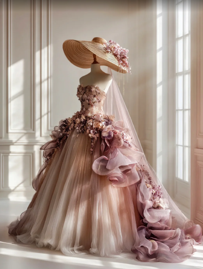 Chic Pink Long Prom Dresses Tulle Flowers Strapless A-Line Evening Dresses DP04765