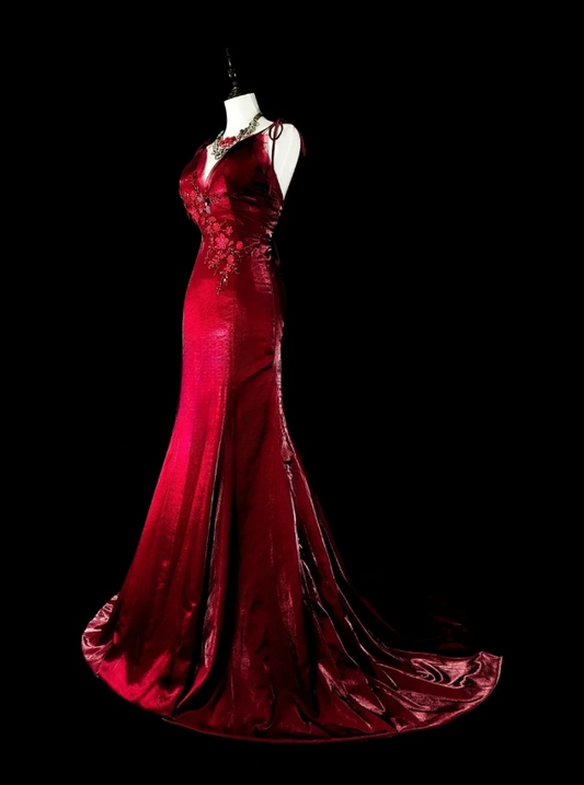 Chic Mermaid Burgundy Long Prom Dresses Beaded Satin Spaghetti traps Sleeveless Evening Gowns DP04790