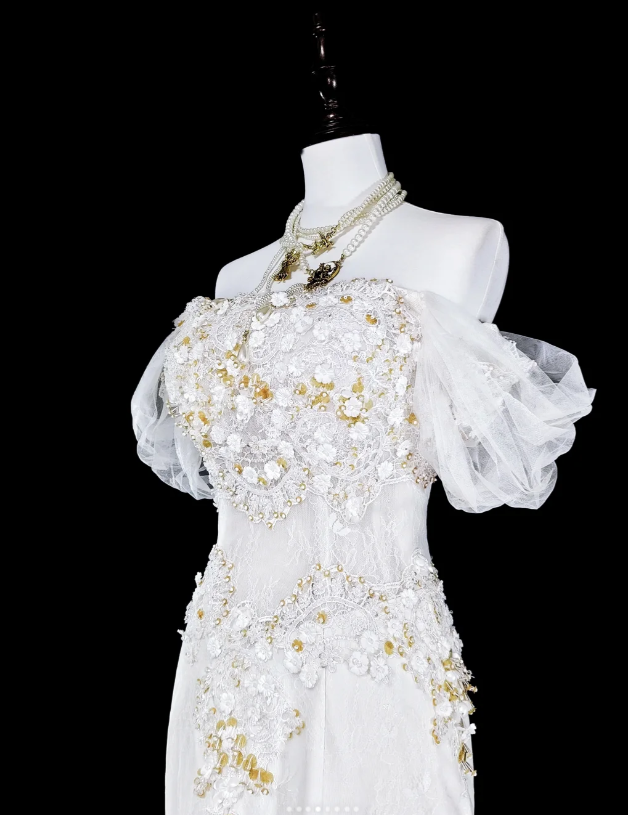 Chic Mermaid Long Wedding Dresses Tulle Appliques White Bridal Gowns Off-shoulder Bridal Dresses DP04792