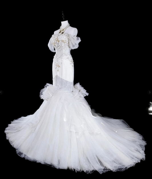 Chic Mermaid Long Wedding Dresses Tulle Appliques White Bridal Gowns Off-shoulder Bridal Dresses DP04792