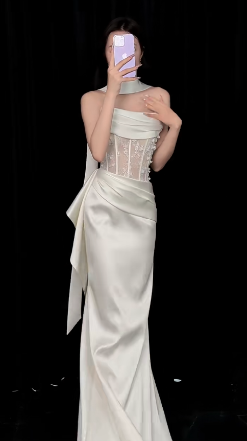 Chic Sheath Long Wedding Dresses Satin White Bridal Gowns Off-shoulder Bridal Dresses DP04794