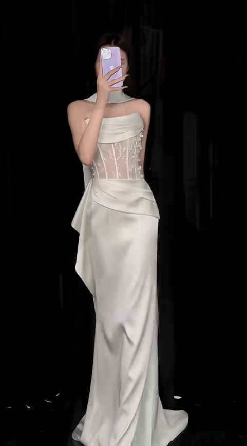 Chic Sheath Long Wedding Dresses Satin White Bridal Gowns Off-shoulder Bridal Dresses DP04794