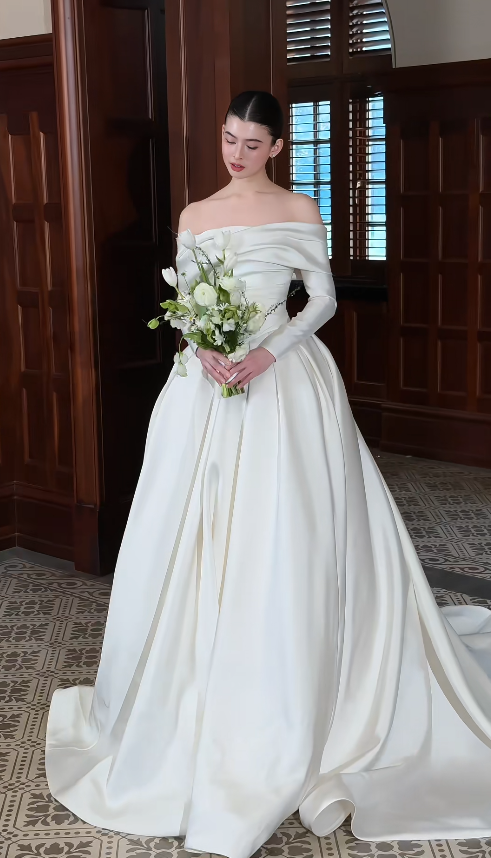 Modest A-Line Long Wedding Dress Satin Off-shoulder White Bridal Gown Long Sleeves Bridal Dress DP04801