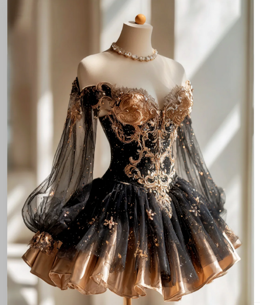 Cute A-line Black Short Prom Dress Applique Tulle Sweetheart Party Dress Long Sleeves Birthday Dress DP04815