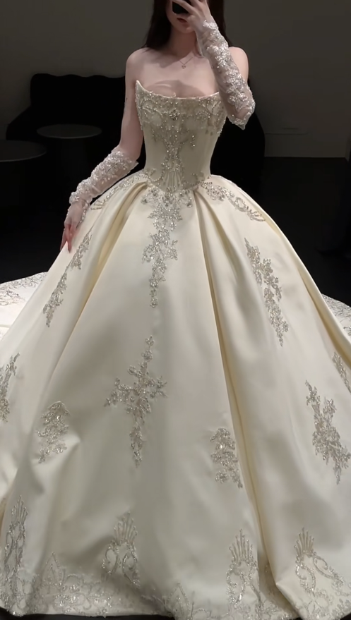 Timeless A-Line Long Wedding Dress Beaded Satin Strapless Ivory Bridal Dress Sleeveless Bridal Gown DP04818