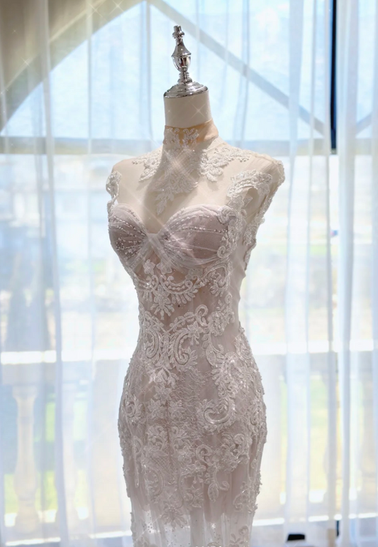 Timeless Mermaid Long Wedding Dress Applique Tulle White Bridal Dress Beaded Sleeveless Bridal Gown DP04819