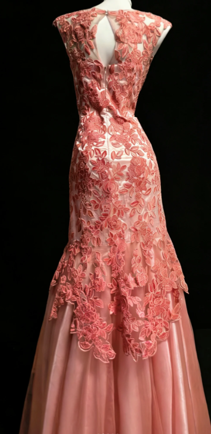 Elegant Mermaid Coral Long Prom Dress Tulle Applique Bateau Evening Dress Sleeveless Party Dress DP04827