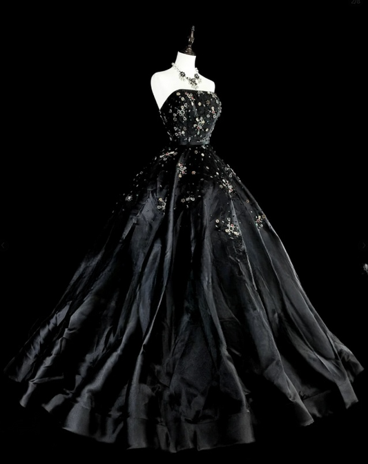 Chic A-Line Black Long Prom Dress Satin Rhinstones Strapless Evening Dress Sleevless Birthday Dress DP04833