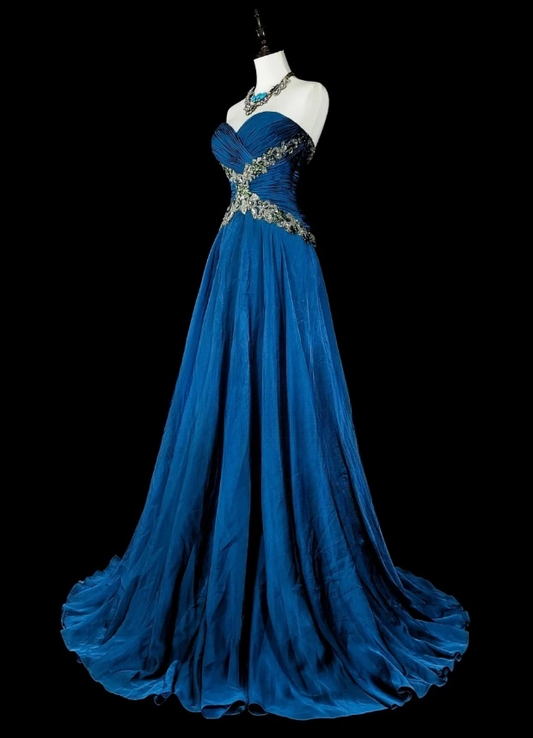 Chic A-Line Blue Long Prom Dress Chiffon Sweetheart Evening Dress Sleevless Birthday Dress DP04836