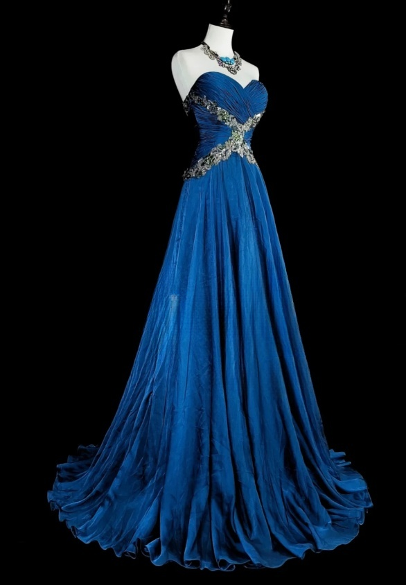 Chic A-Line Blue Long Prom Dress Chiffon Sweetheart Evening Dress Sleevless Birthday Dress DP04836