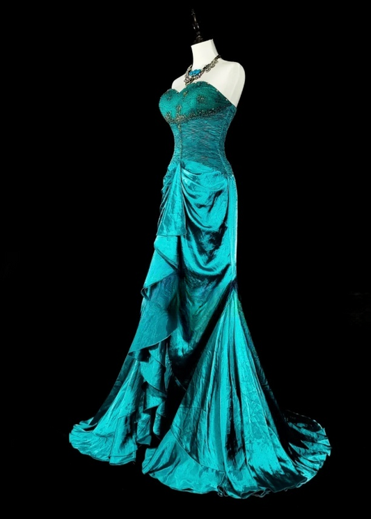 Chic Sheath Turquoise Long Prom Dress Satin Beaded Sweetheart Evening Dress Sleevless Birthday Dress DP04838