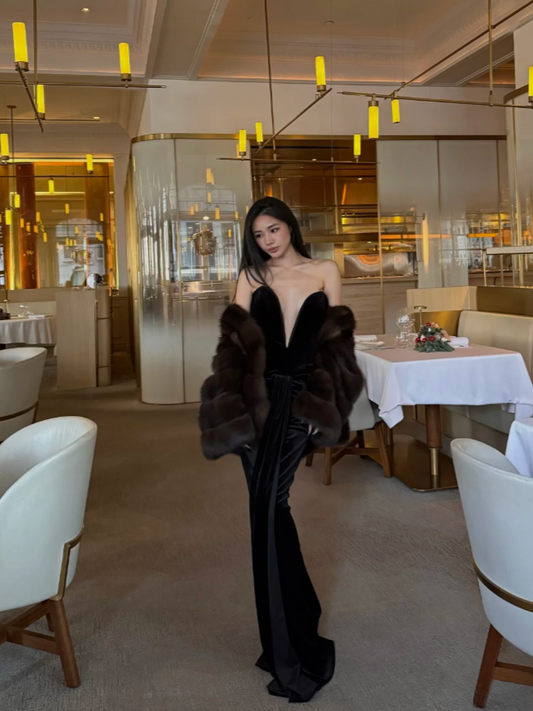 Sexy Sheath Black Long Prom Dress Velvet Sweetheart Evening Dress Backless Birthday Dress DP04848