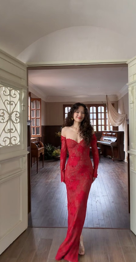 Chic Sheath Red Long Prom Dress Applique Chiffon Sweetheart Evening Dress DP04854